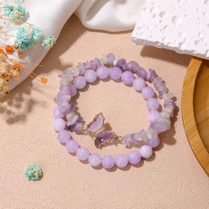 GolbalJew Purple Jade Stone Bracelet for Women Healing Crystal Stone Butterfly Charms Bracelets Gemstone Beads Stretch Bracelet Jewelry Women Gift
