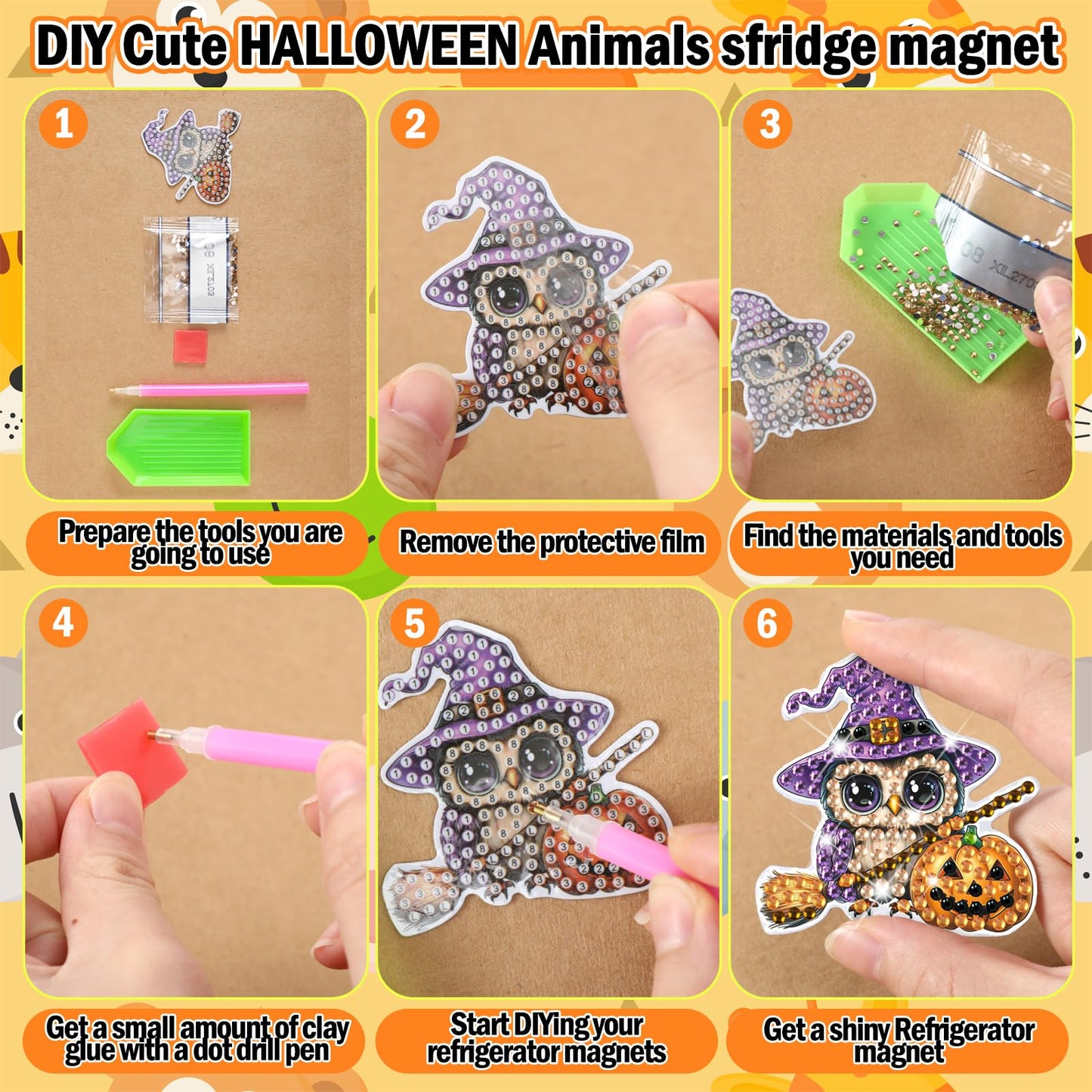 Xuhal 30 Pcs Halloween Diamond Painting Magnets Halloween Animal Diamond Art Magnet Kits for Adults Cute 5D Rhinestone Witch Hat Pumpkin Animal Refrigerator Magnetic Sticker for DIY Craft Fridge Gifts