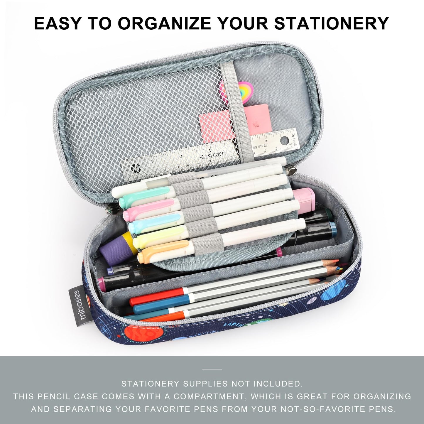 mibasies Boys Pencil Case for Kids, Multi-Slot Pencil Pouch, Galaxy LightGray