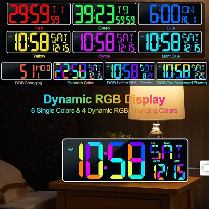 17.2" Large Digital Wall Clock 10 RGB Colors 9 Group Timer Remote Control | Large Display for Living Room Classroom Garage LED Wall Clock with Temperature Date Week Auto DST Gift for Senior Mom Dad