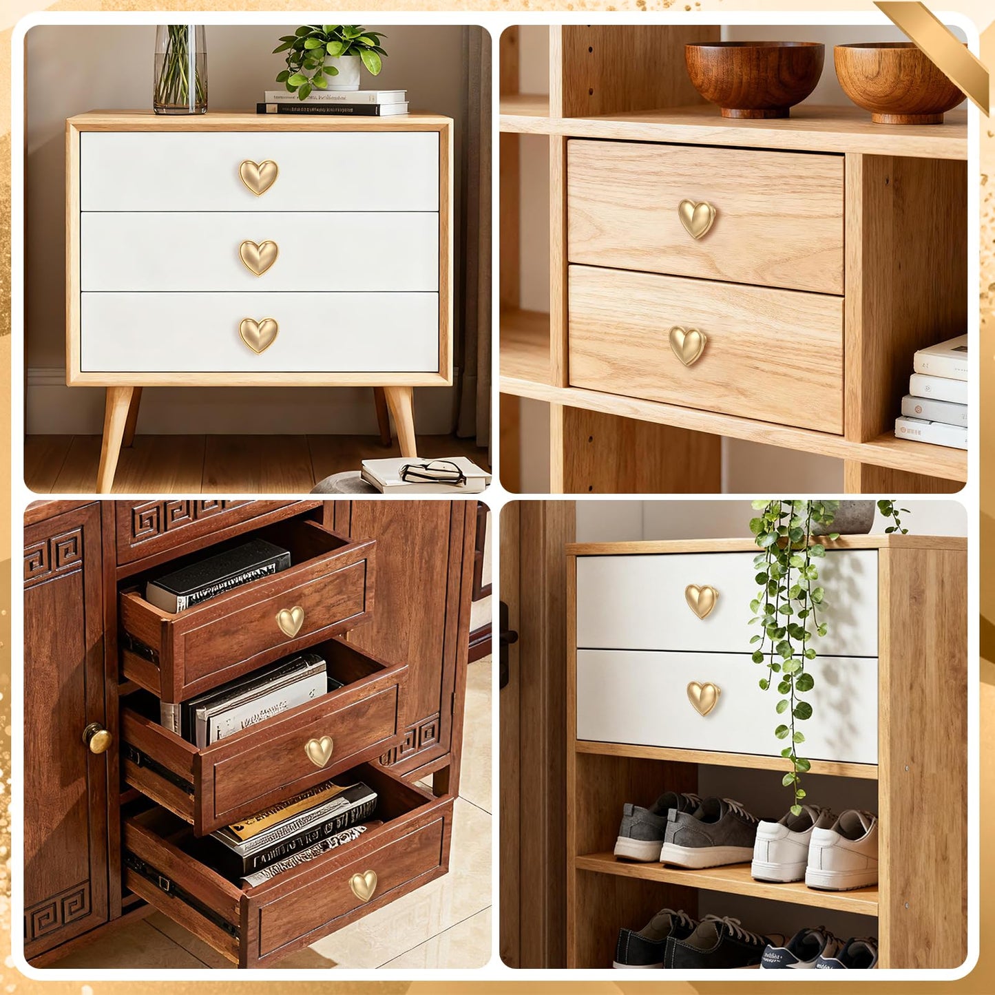 Foyofly 4 pcs Gold Heart Drawer Knobs Cute Furniture Cabinet Dresser Handle Knobs for Girl's Room Dresser Cupboard Drawer Wardrobe Decorative Knobs (Matte Gold-C-4 Pack)