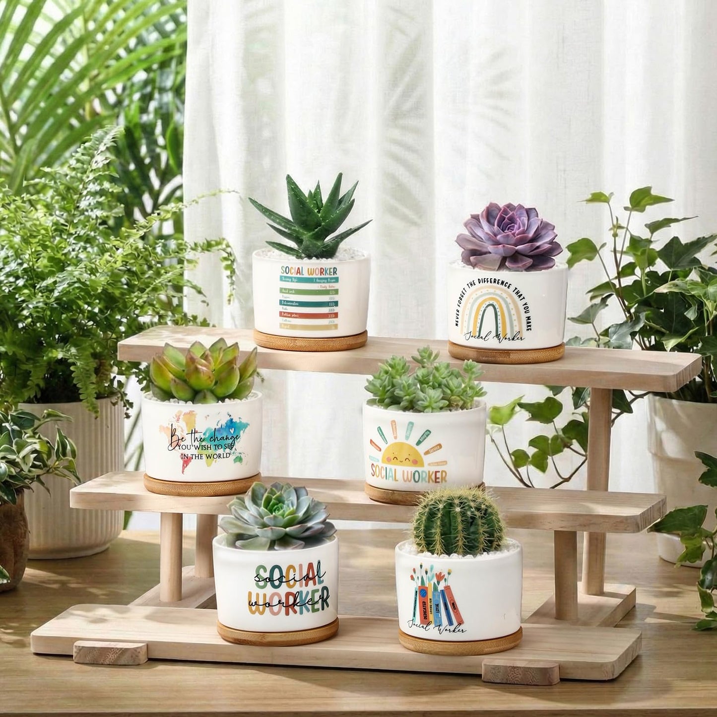 Sieral Thank You Employee Appreciation Gift Succulent Pots,Graduation Gift for Teacher, Ceramic Plant Pot with Bamboo Tray Succulent Planter for Coworker Mentor, Plants Excluded(12 Pcs,Social Worker)
