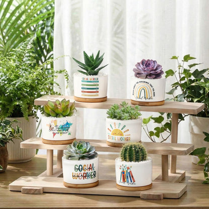 Sieral Thank You Employee Appreciation Gift Succulent Pots,Graduation Gift for Teacher, Ceramic Plant Pot with Bamboo Tray Succulent Planter for Coworker Mentor, Plants Excluded(12 Pcs,Social Worker)