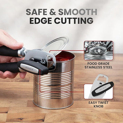 Zulay Kitchen Heavy Duty Stainless Steel Can Opener Manual with Bottle Opener - Rust Proof Manual Can Opener With Turn Knob & Comfy Soft Grip Handles - Black