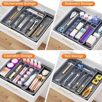 SpaceHacks Silverware Organizer，Adjustable & Expandable Utensil Drawer Organizer, BPA Free Utensil Holder, Cutlery Tray for Forks, Spoons, Knives in Kitchen, Medium, Grey