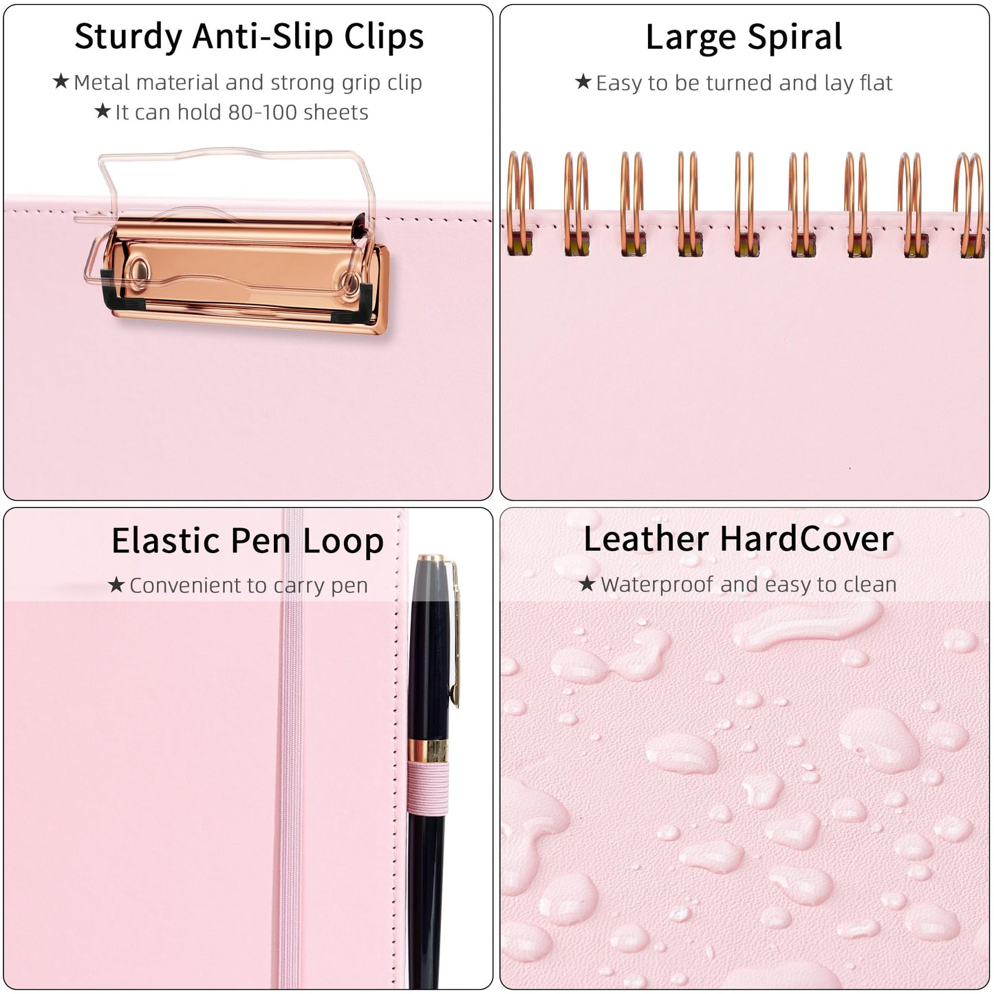 Ospelelf Leather Clipboard Folio with Notepad for Letter Size, Spiral Clipboard Folder with Storage Zipper Pouch, 5 Folders with 10 Pockets, 39 Divider Label Stickers, Pen Loop Series (Pink)