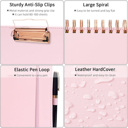 Ospelelf Leather Clipboard Folio with Notepad for Letter Size, Spiral Clipboard Folder with Storage Zipper Pouch, 5 Folders with 10 Pockets, 39 Divider Label Stickers, Pen Loop Series (Pink)