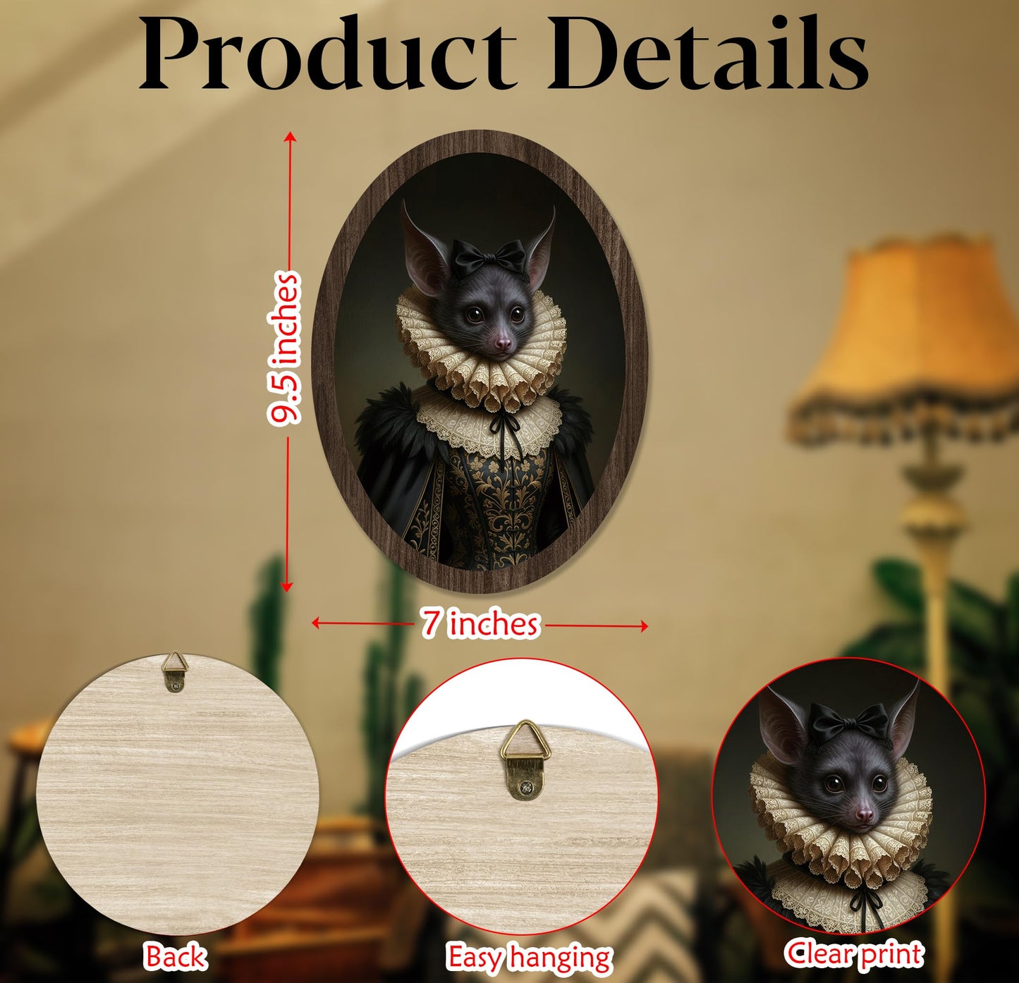 Gothic Bat Victorian Wall Art, Oval Victorian Portrait, Funny Animal Wall Art, Wood Quirky Home Decor, Whimsical Antique Moody Decorations for Living Room Bedroom Bathroom Kitchen Office Apartment, 6