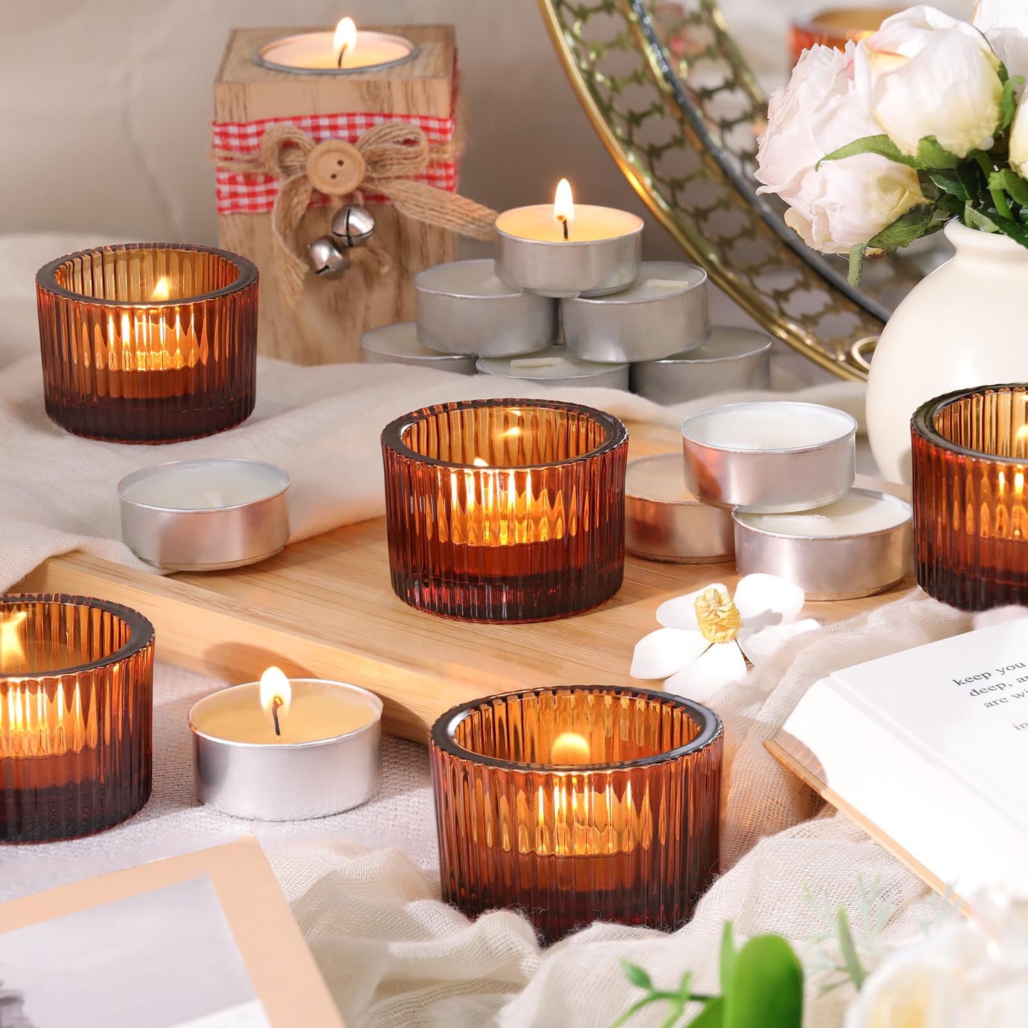 HAVITI 18 Pcs Amber Tealight Candle Holders with 18PCS Tealights, Glass Votive Candle Holders Set for Table Centerpiece, Home Decor and Party Supplies