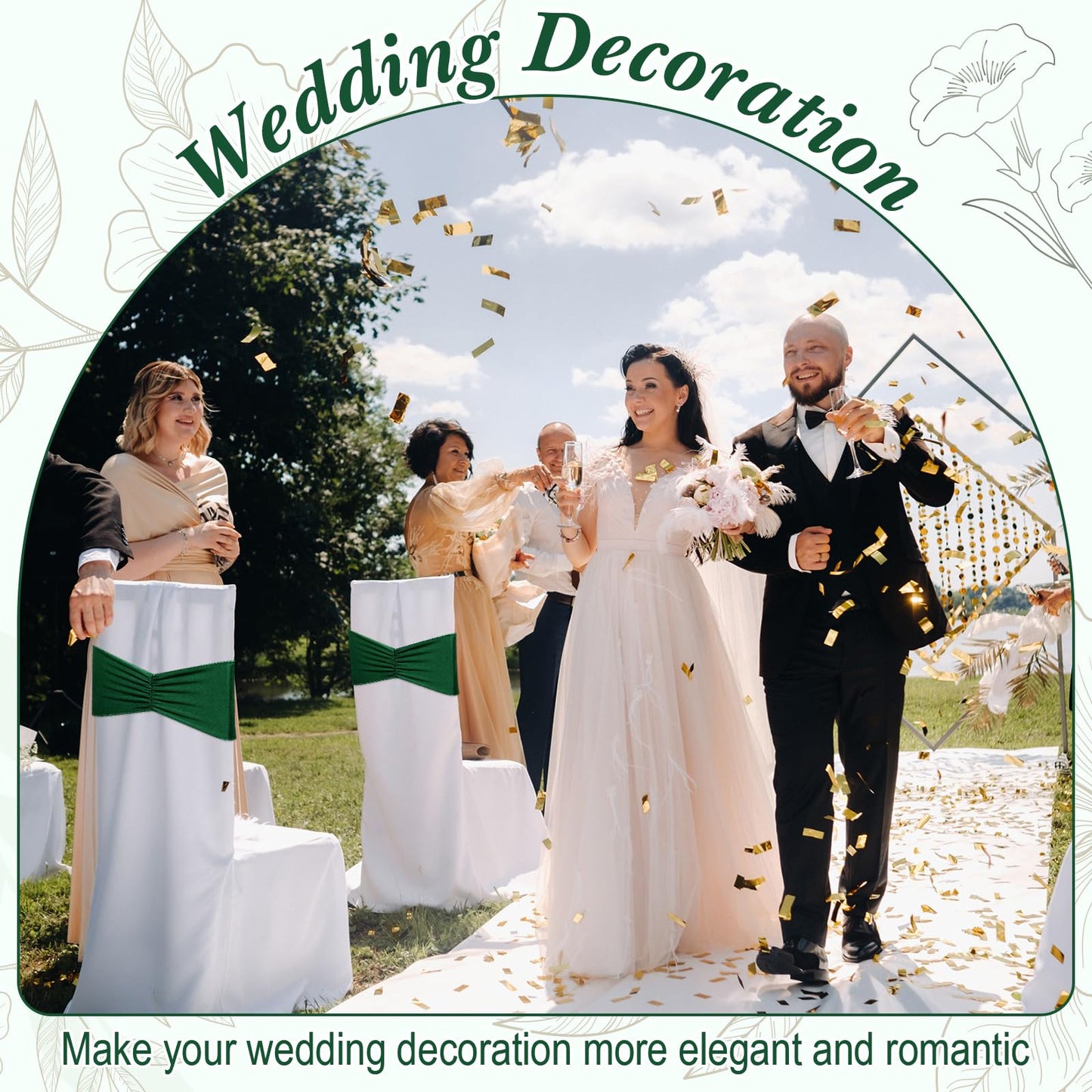 Moukeren 150 Pcs Spandex Chair Sashes Bows Bands Chair Covers Decorations Elastic Ribbon Seat Ties for Wedding Birthday Party Banquet Hotel Events Ceremony(Green)
