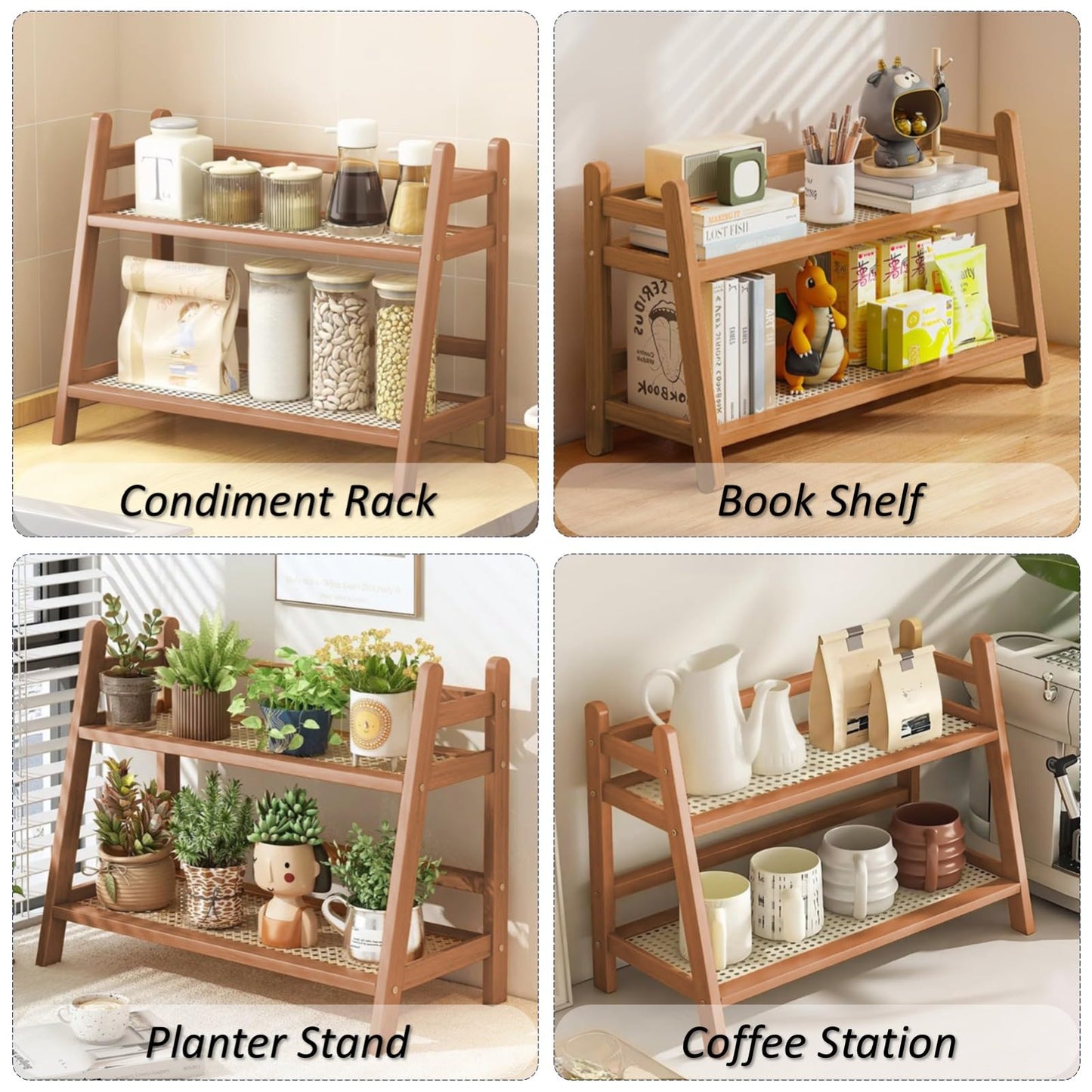 FYRLFB Household 2-Tier Cup Shelf Organizer, Kitchen Counter Shelf for Tea Coffee Bar Accessories, Bamboo Mug Holder Countertop, Matcha Stand, Cup Display, Condiment Storage Rack - Brown