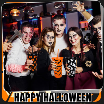 Whaline 12 Pcs Halloween Plastic Tumbler with Lids Straws Pumpkin Ghost Bats Reusable Cups 24oz Black Orange Travel Mug Cups for Iced Coffee Drinks Holiday Horror Party Supplies