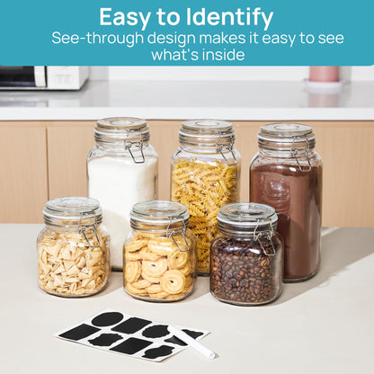 Vtopmart 78oz Glass Food Storage Jars with Airtight Clamp Lids, 3 Pack Large Kitchen Canisters for Flour, Sugar, Cereal, Coffee, Pasta and Canning, Square Mason Jars with 8 Reusable Labels