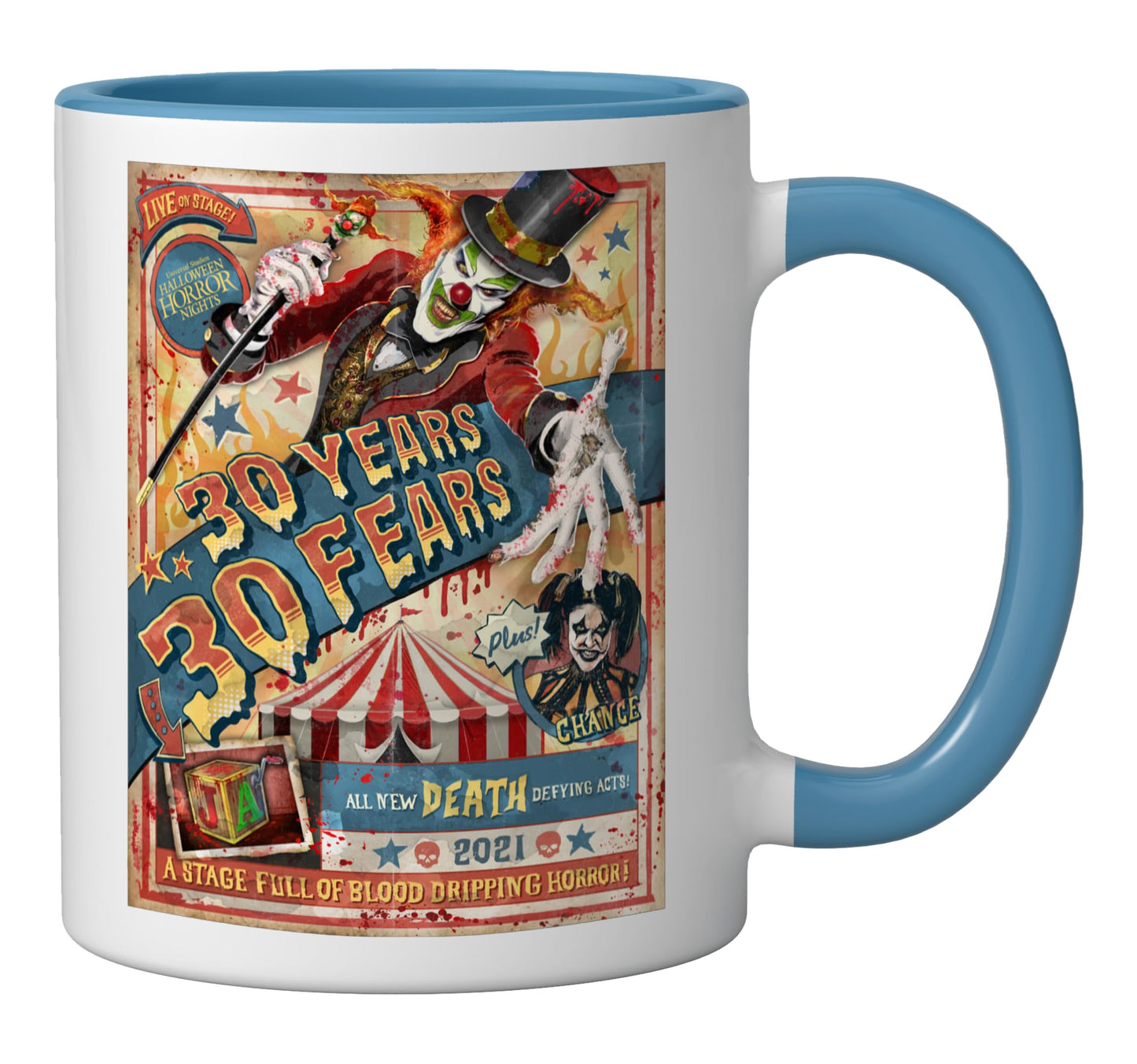 Halloween Horror Nights HHN Jack the Clown Ceramic Mug, Blue/White