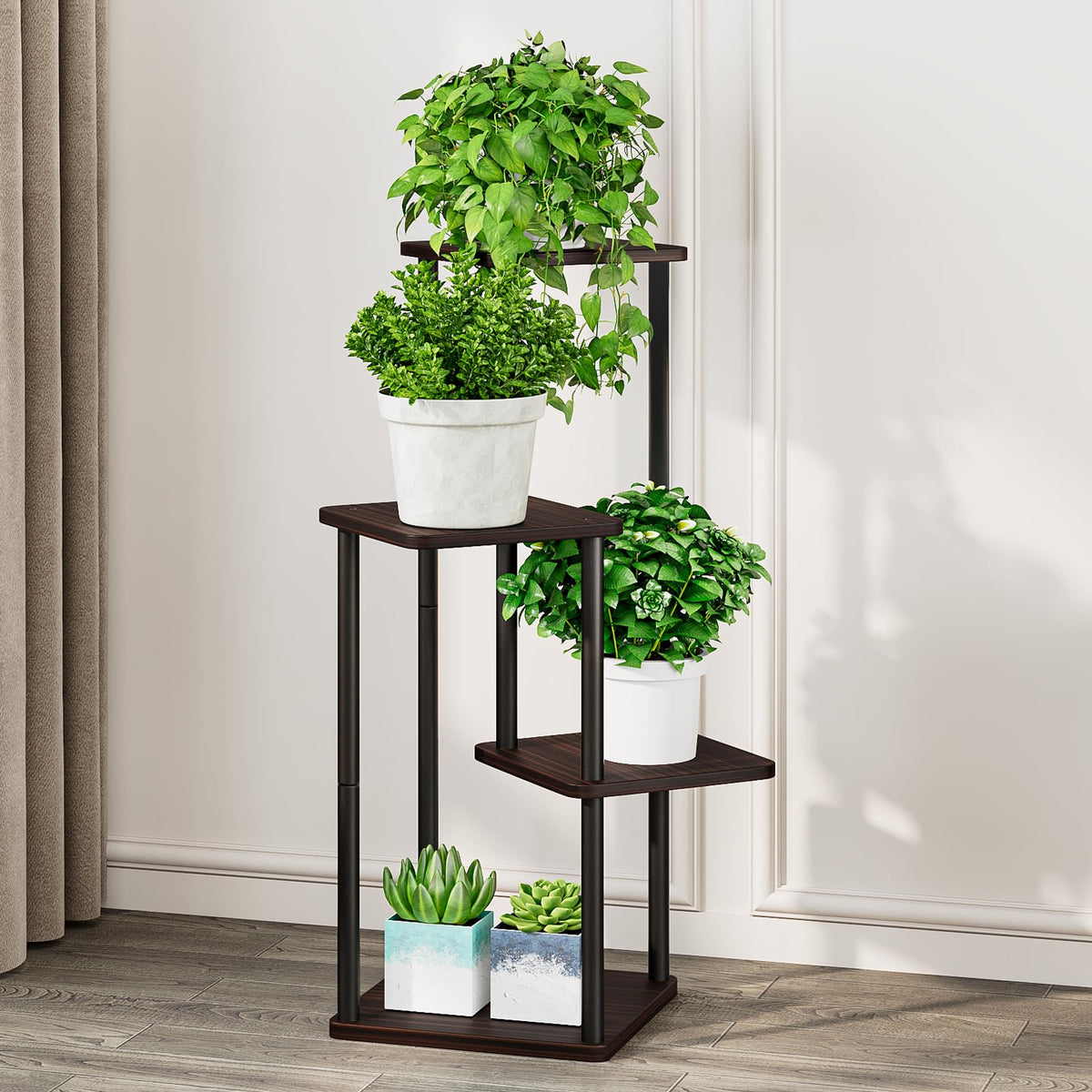AZERPIAN Plant Stand 4 Tier Indoor Metal Flower Shelf for Multiple Plants Corner Tall Flower Holders for Patio Garden Living Room Balcony Bedroom, Black oak
