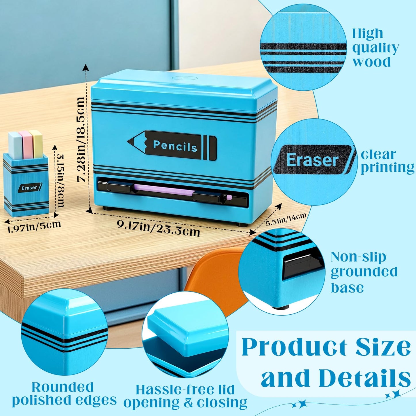 Gueevin 2pcs Pencil Dispenser for Classroom, Fun Desk Organizer with Eraser Holder, Interactive Pencil Storage for Teachers, Students & Homeschool Desk Organizer, Back to School Supplies(Blue)