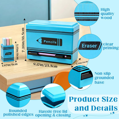 Gueevin 2pcs Pencil Dispenser for Classroom, Fun Desk Organizer with Eraser Holder, Interactive Pencil Storage for Teachers, Students & Homeschool Desk Organizer, Back to School Supplies(Blue)
