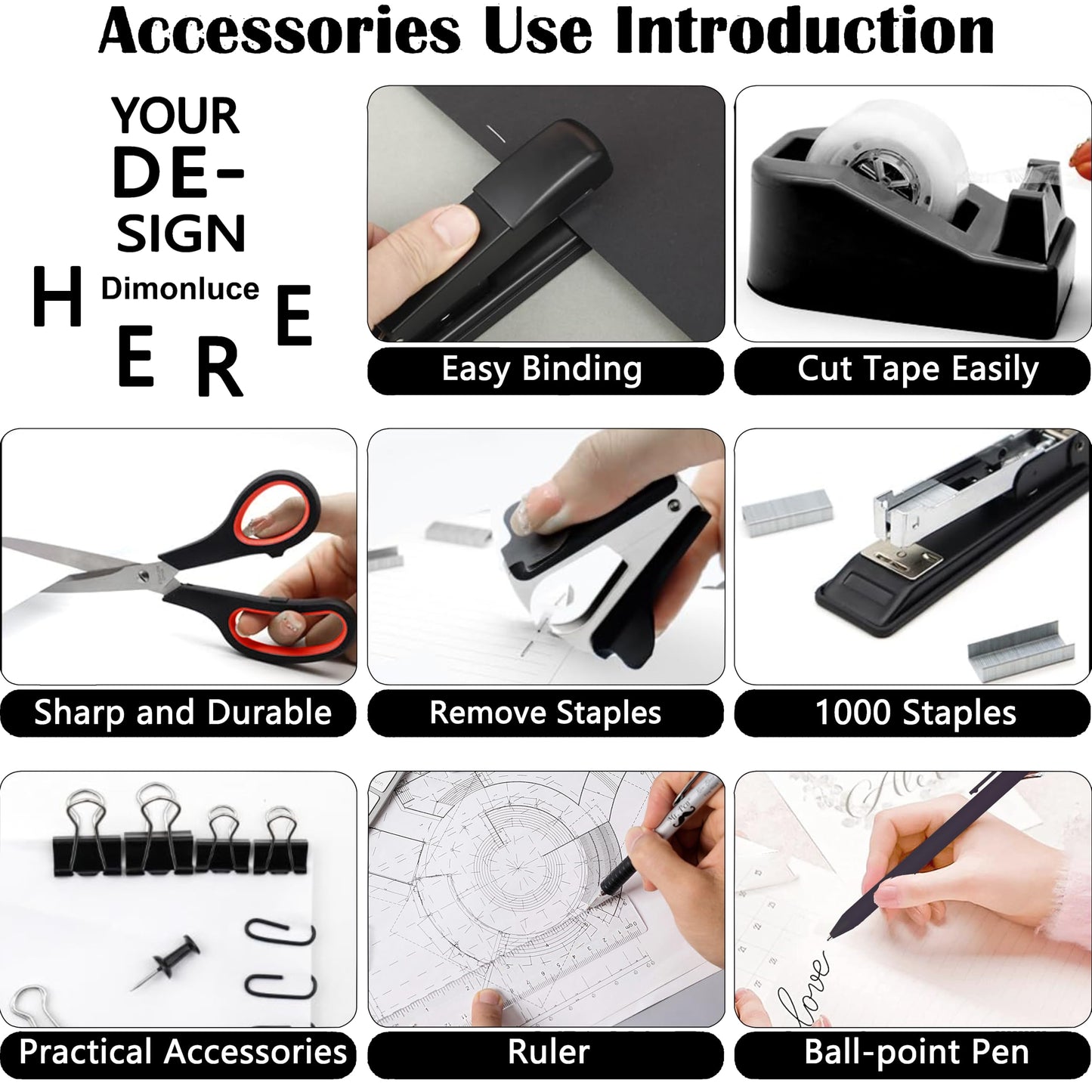 Dimonluce Office Desk Accessories, Black Office Supplies Accessories with Tape Dispenser, Stapler, Staple Remover, 1000 Staples, Tape, Clips Set, Ruler, Scissor, Pen