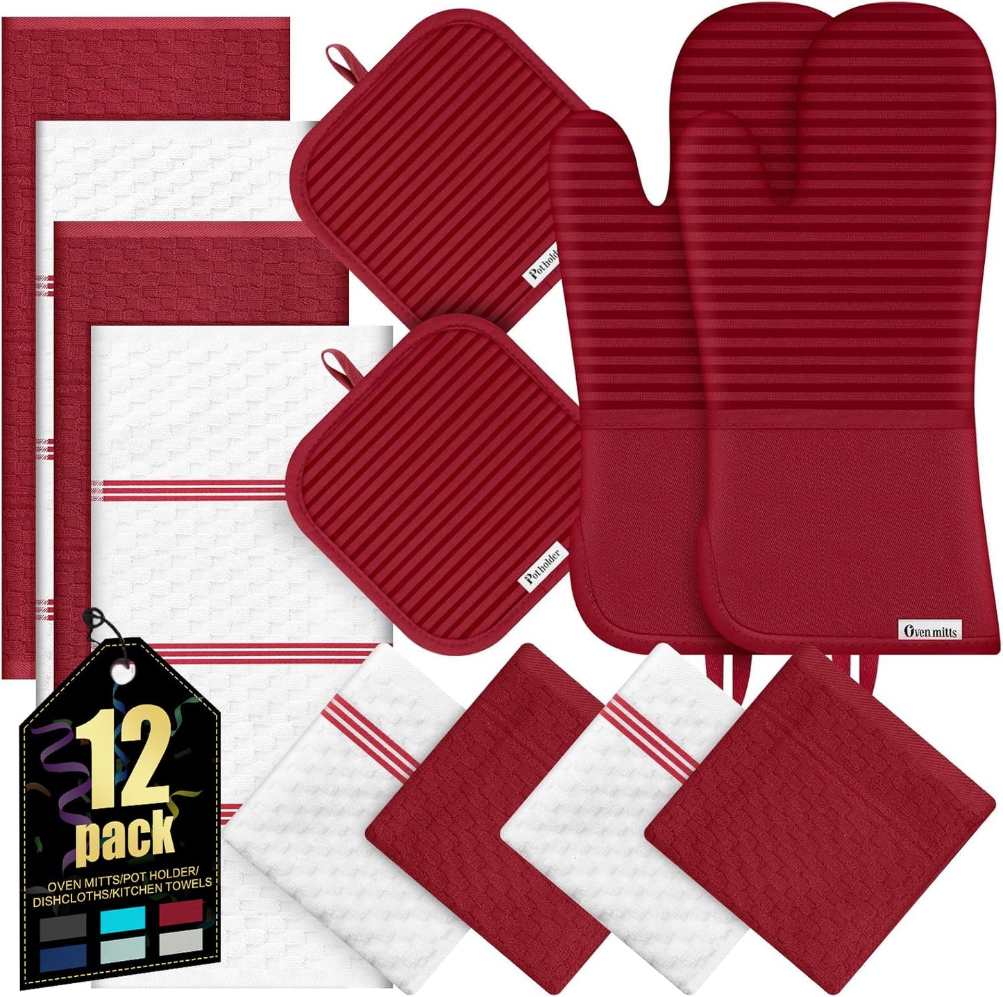 Oven Mitts Kitchen Towels and Dishcloths with Pot Holders Sets, Oven Gloves Hot Pads 500°F Heat Resistant with Silicone Grip, Include 2 Cooking Gloves/2 Potholders/4 Kitchen Towels/4 Dish Towels-Red