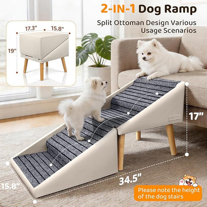 Dog Stairs for Small Medium Large Dogs, Cats, Puppies, Seniors & Injured Pets, 17" H 4-Step Foldable 2-in-1 Solid Wood Pet Steps & Split Ottoman, Non-Slip Dog Ramp for Couch Sofa Low Bed, Holds 250LBS
