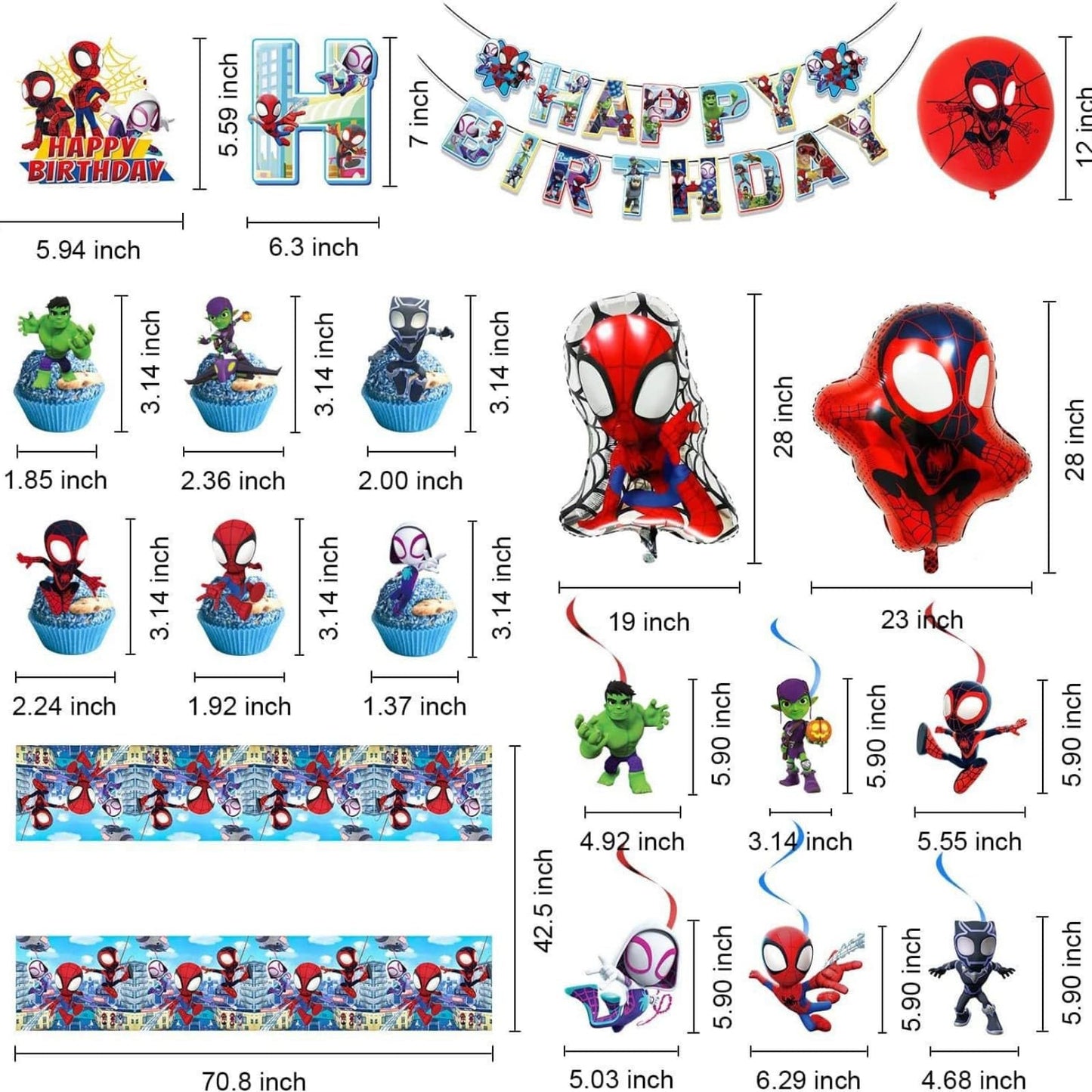 53pcs Spider Birthday Decorations Supplies, Spider Decorations - Cartoon Party Favors with Party Balloons, Foil Balloons, Banner, Cake Topper, Cupcake Toppers, Hanging Swirls & Tablecloth