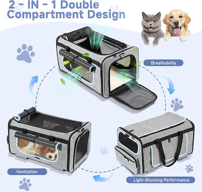 Pet Carrier with Wheels for Cats and Dogs, Pet Bag with Detachable Wheels & Washable Plush Pad, Escape-Proof Zipper & Shoulder Strap, Portable Carrier for Outdoor and Car Travel(Max. 40 lbs)