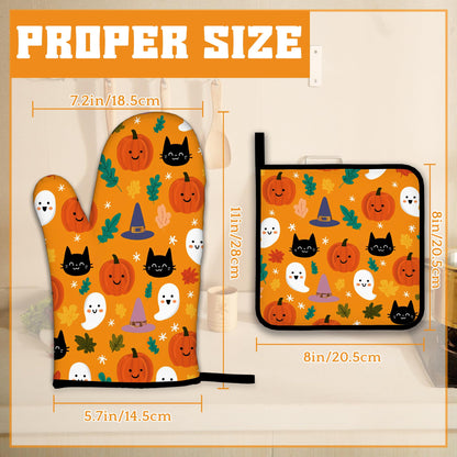 Halloween Pumpkins Oven Mitts and Pot Holders Set,Ghosts Black Cats Kitchen Decor Heat Resistant Non Slip Hot Pads and Oven Mitt for Chef Cooking Baking BBQ Mom Girl Gifts(4 Piece Set)