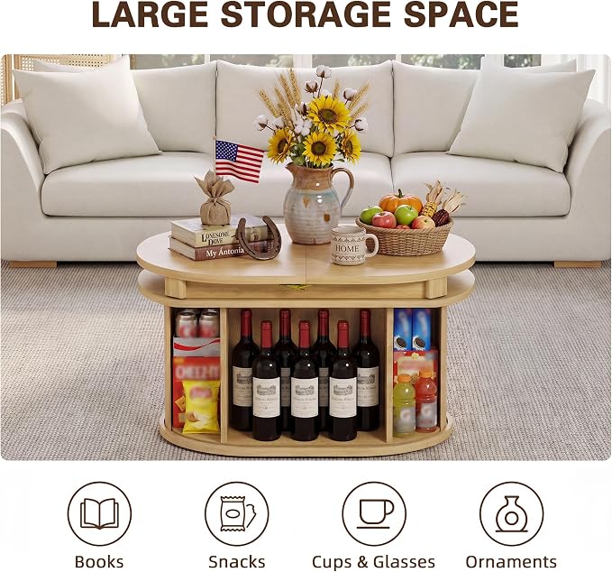 YESHOMY 45.2" Extendable Coffee Table with Storage, Fluted Oval Coffee Table with Sliding Door, Mid Century Modern Center Table for Living Room, Oak