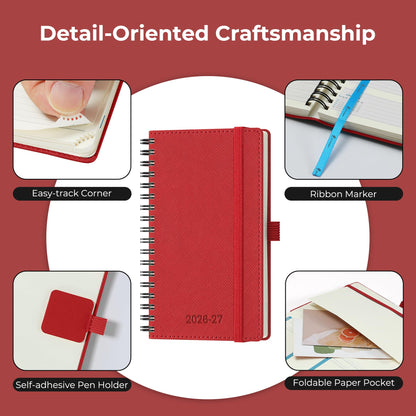 IN-LUXPRO Planner 2026-2027 Daily Weekly and Monthly,6.5"x3.75",18 Months Spiral Bound Calendar Agenda with Self-adhesive Pen Holder,2026 Academic Plan with Vegan Leather Soft Cover,Red