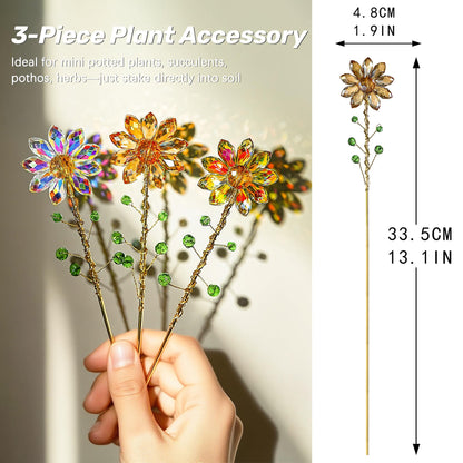 H&D HYALINE & DORA 3 Pcs Crystal Sunflower Suncatchers with 13'' Gold Trellis Metal Plant Stake for Indoor Outdoor Garden Potted Plants Decorations Plant Lover Gift(Ab, Red, Amber)