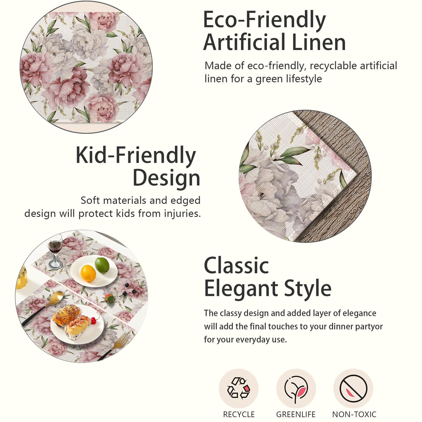 Placemats,Pink White Peony Flower Placemats 12x18 Inch Waterproof Non-Slip Washable Table Mats for Kitchen Dining Party Table Decor,Set of 6