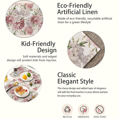 Placemats,Pink White Peony Flower Placemats 12x18 Inch Waterproof Non-Slip Washable Table Mats for Kitchen Dining Party Table Decor,Set of 6
