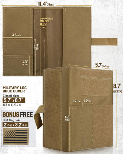 Tactical Book Cover for 5.5" x 8" Military Log Book, Green Book Protective Holder, Detachable Army Field Notebook Cover with Flag Patch, for Protecting (Tan, 5.7x8.7 in)