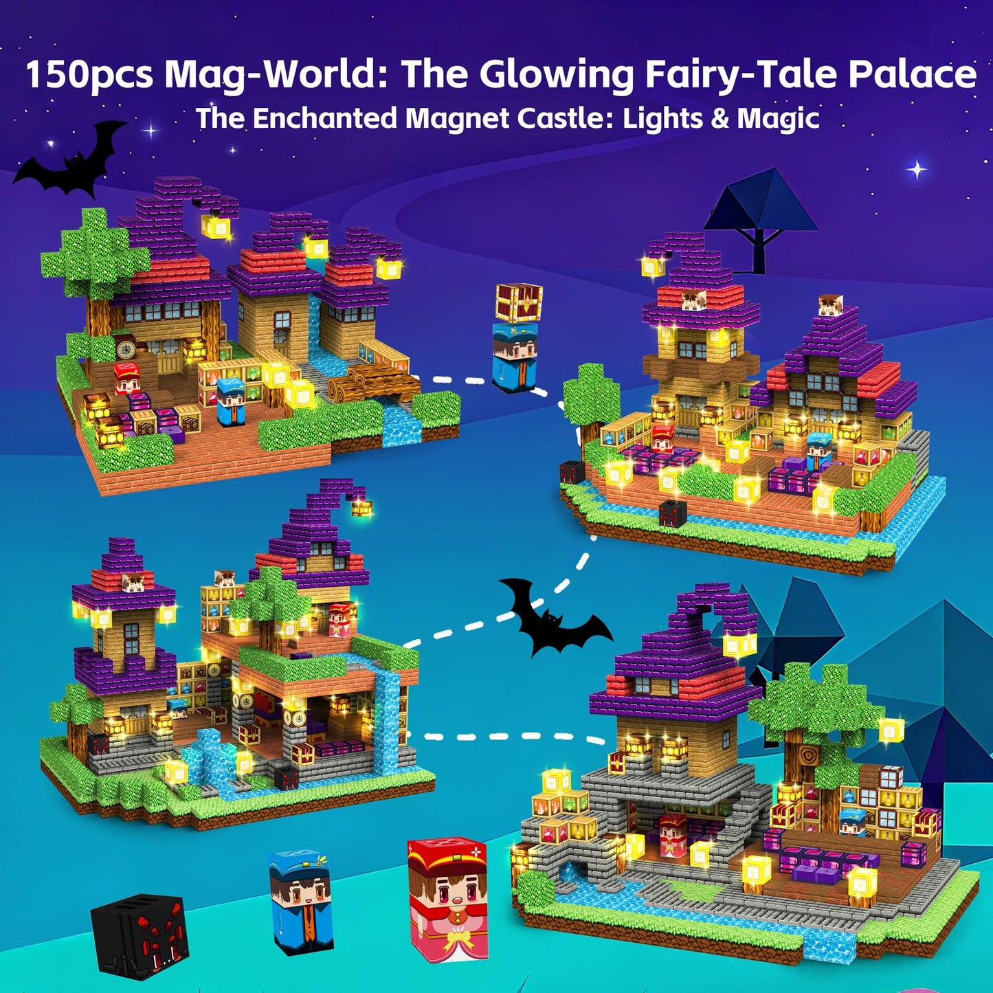 Gryxpox 150pcs Magnetic Blocks - Magnetic School Castle Set with Light Up Blocks - Kids Classroom Sensory Toy for Toddlers STEM, Construction Stacking Toy Kids 3+ Boys Girls Christmas Birthday Gifts