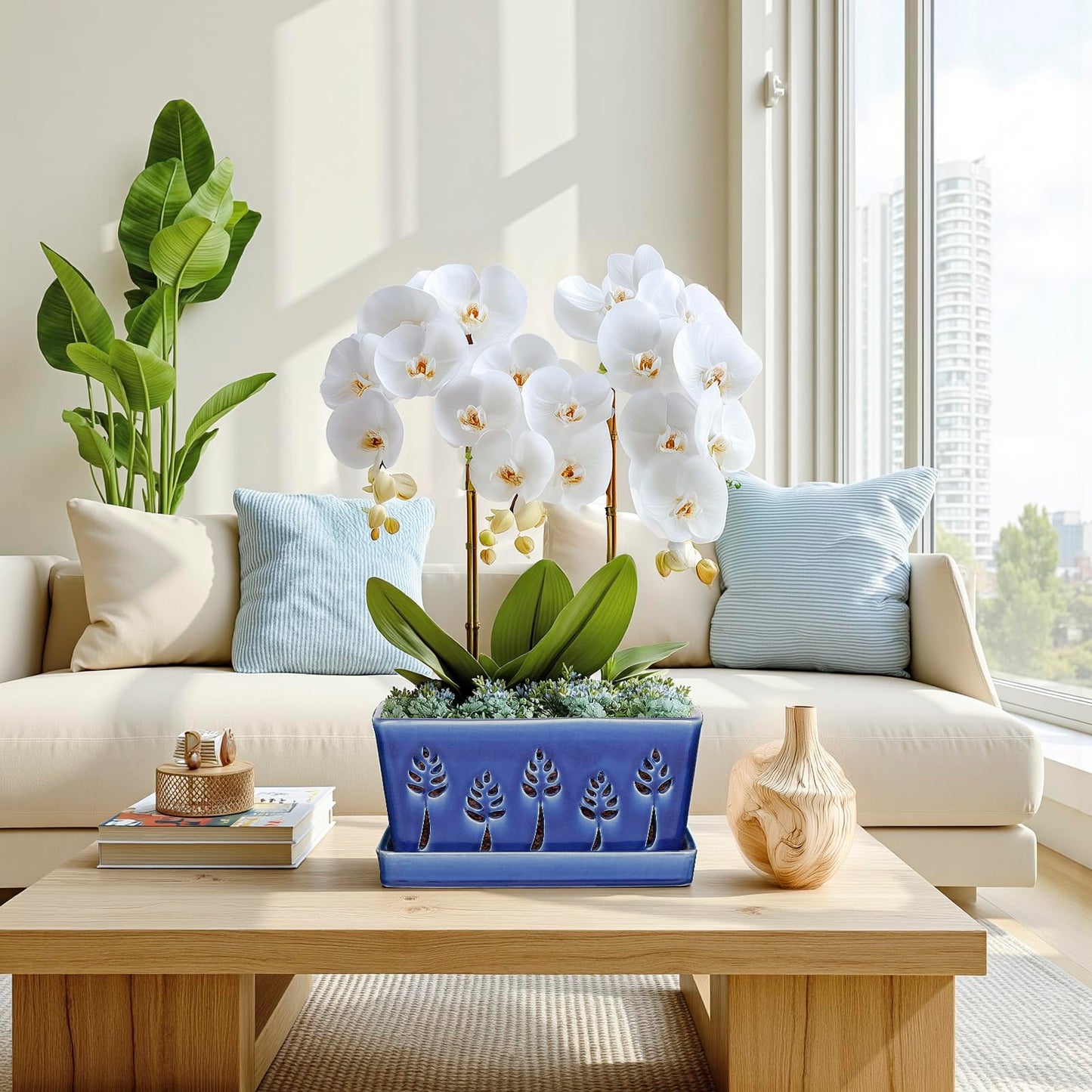 BUYMAX 10 Inch Rectangle Ceramic Orchid Pots with Holes, Heavy Duty Handmade Ceramic Plant Pot with Drainage and Saucer, Accommodate 2 Orchids, Enhance Good Ventilation - Blue
