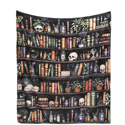 Nqhsionv Halloween Blanket Book Lovers Goth Skull Bookshelf Throw Blanket Gifts for Bookworm,Reader,Reading,Bookclub,Booknerd,Librarian,Bookish,Book Accessories Halloween Decor- 60”X50”