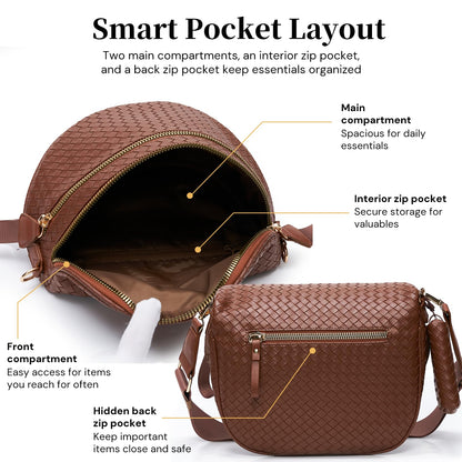 Woven Bum Bags for Women Vegan Leather Crossbody Bag with Coin Purse, Trendy Fanny Packs with Adjustable Wide Strap, Spacious Sling Shoulder Purse for Trave