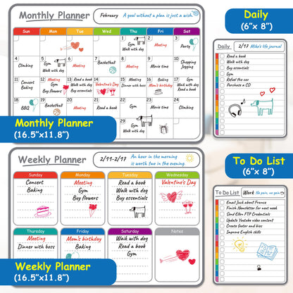 4-Pack Non-Magnetic Dry Erase Calendar Board Set – Monthly, Weekly, Daily, to-Do List Planner – Whiteboard for Stainless Steel Fridge, Wall, Glass, Door – Family, Office, Classroom Organizer