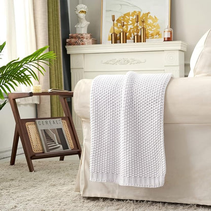 Chunky Cable Knit Throw Blanket Lightweight White 100% Organic Cotton Blanket for Sofa Couch Bed Baby Nursery, Rustic Shabby Chic Modern Farmhouse, Pure White 60” x 80” Give Laundering Bag