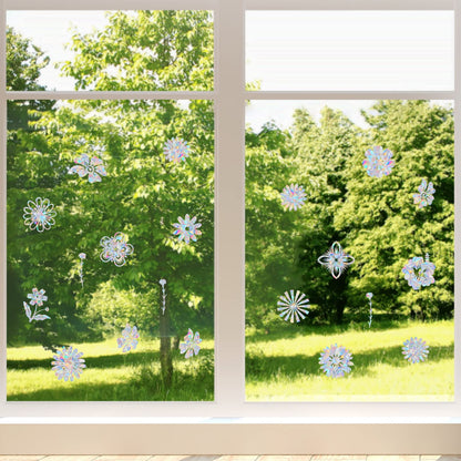18 Pieces Flower Window Decals for Bird Strikes - Anti-Collision Clings to Save Birds,Non Adhesive Vinyl Rainbow Suncatch Stickers, Easy Remove No Residue and Reusable