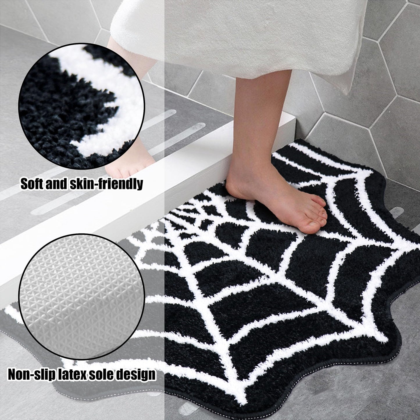 Meetory Spider Web Bath Mat, 31×20" Halloween Bath Mat Non-Slip Rugs Spiderweb Rug Machine Washable Goth Area Rugs Gothic Rug for Front Door, Bedroom, Living Home (Black)