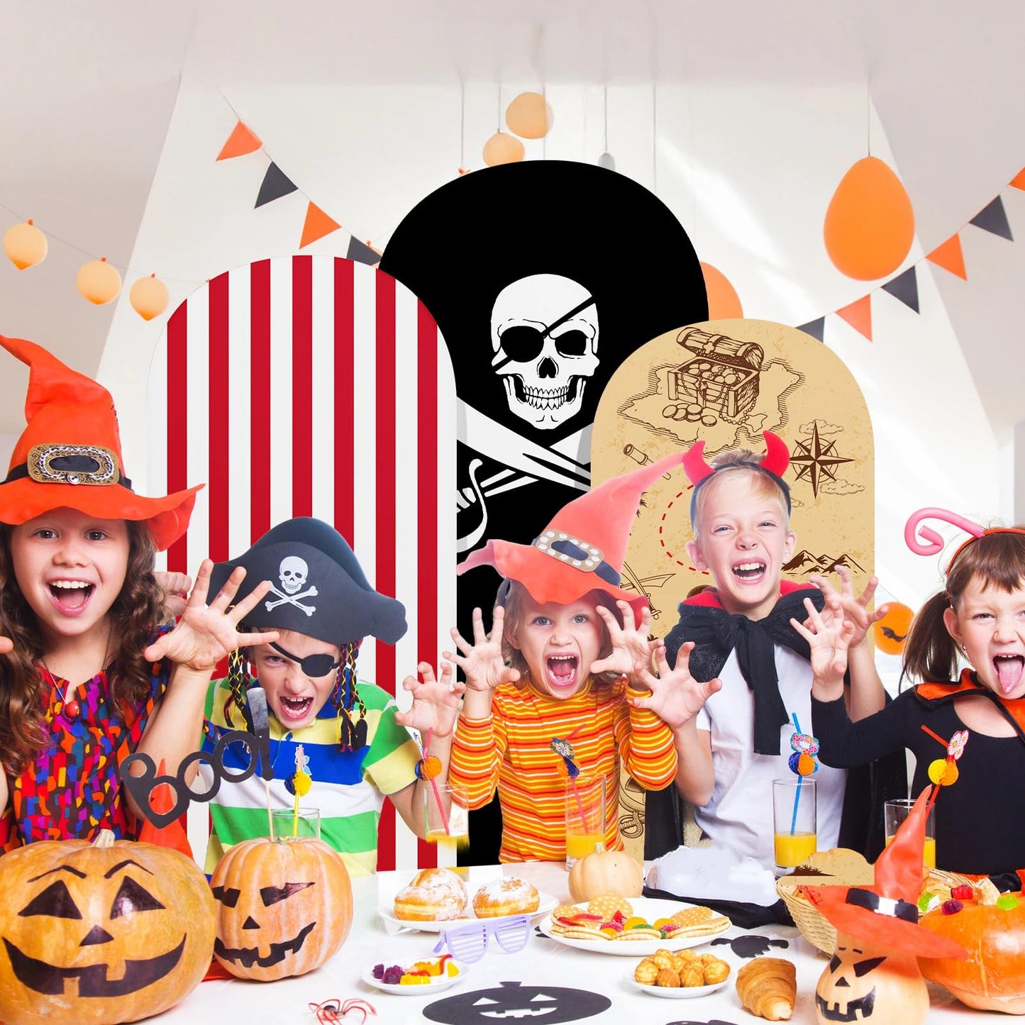 Tingjoo 3 Pcs Pirates Party Arch Backdrop Stand Cover Spandex Fitted Theme Arch Cover 4ft, 5ft, 6ft Photo Background Props for Pirate Birthday Party Decoration