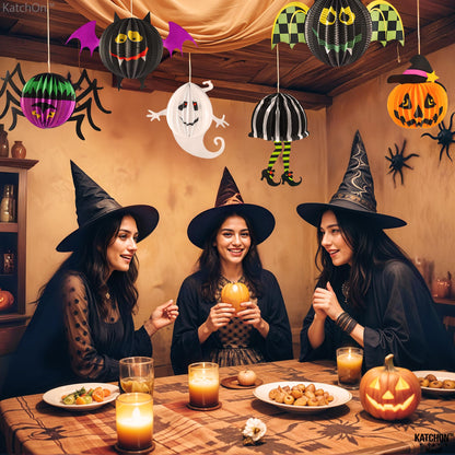 KatchOn, Hanging Halloween Decorations - Pack of 6 | Hanging Halloween Honeycombs for Halloween Ceiling Decorations | Halloween Hanging Bats, Pumpkin, Spider for Scary Halloween Decorations Indoor
