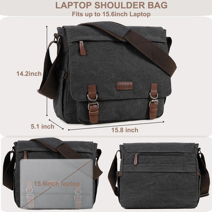 Mactso Vintage Messenger Bag 15.6 Inch Laptop for Men Women, Large Travel Crossbody Shoulder Purse with Luggage Strap,Canvas Briefcase Work Office College (Black-Upgrade)