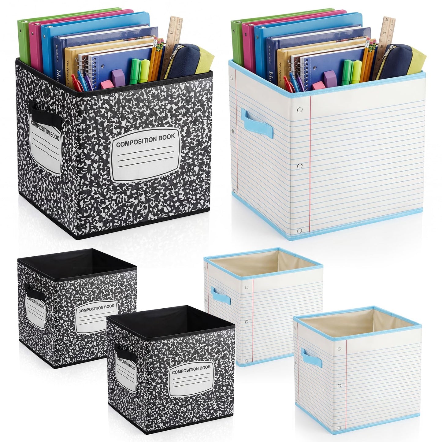 Briwooody 6 Pcs 11 Inch Composition Book Classroom Fabric Storage Bins Cube Classroom Must Have Cubby Basket Bin Notebook School Collapsible Storage Treasure Prize Box for Daycare Elementary Preschool