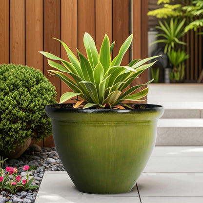 Worth Garden 12-Inch Dia. Round Green Plastic Planters with Drain Holes, 9.5-Inch Height - 4-Pack Glossy Finish Bell-Shaped Plant Pot – Lightweight Indoor/Outdoor Flower Pots