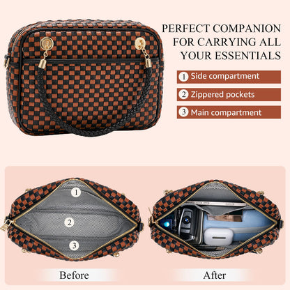 Woven Crossbody Bags for Women, Vegan Leather Two-Tone Satchel with Braided Top Handle, Structured Checkerboard Shoulder Purse with Adjustable Strap