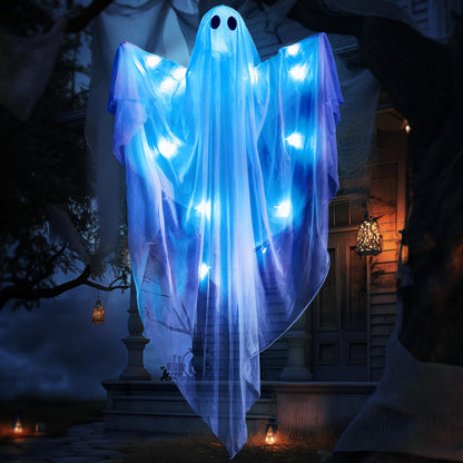 JOYIN Halloween Hanging Light up Ghost, 47” White Ghosts with Blue LED Light and Timer Halloween Hanging Decoration Waterproof for Front Yard Patio Lawn Garden Party Decor Indoor Outdoor