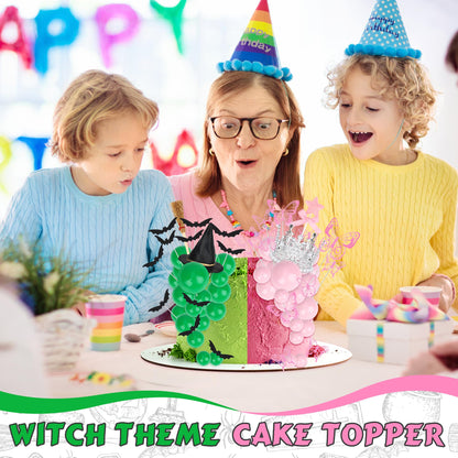 74 Pcs Witch Theme Cake Decorations Party Supplies - Green&Pink Balloons, Mini Witch Hat, Crown, Broom, Magic Wand, Bat and Butterfly Cake Topper - for Princess Witch Halloween Birthday Decoration