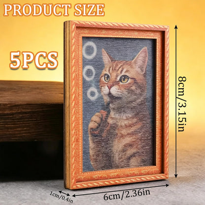 5Pcs Funny Wooden Fridge Magnets Frame Retro Cute Cat Frog Pattern Magnetic Refrigerator Locker Magnet Photo Frames Holder for Home Kitchen Office Whiteboard Decorations (Style cat)